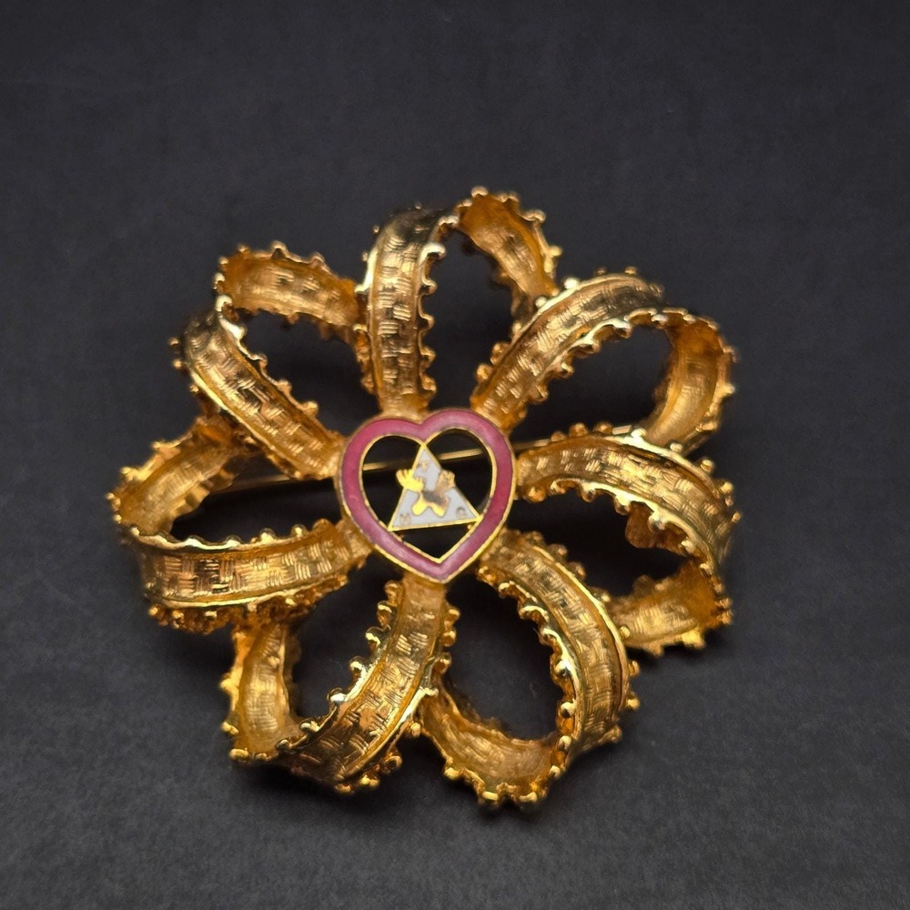 Vintage Moose Lodge Flower Brooch Gold Tone Faith Hope Charity